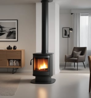 Poêle à bois moderne avec un conduit noir, placé au centre d'une pièce lumineuse et épurée.