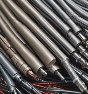 A variety of tools and items are arranged against a black background. These include a drill, a paintbrush, screws, drill bits, pliers, an eraser, some markers, a measuring tape, a spool of twine, and several other small hardware items.
