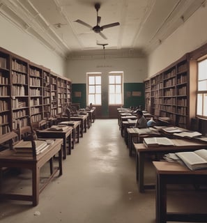 A group of children sitting in a row on a concrete step, each holding a booklet. The children are wearing a school uniform of green checked dresses, with the exception of one child wearing a blue and orange t-shirt. They are seated outside a school building with a brown and yellow exterior.
