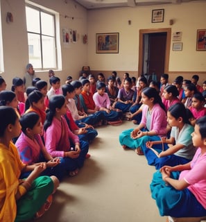A classroom filled with young students wearing uniforms in shades of green and blue. The walls are adorned with chalkboards and posters, and natural light filters through a window. The students are seated at wooden desks, some are smiling while others look attentive.