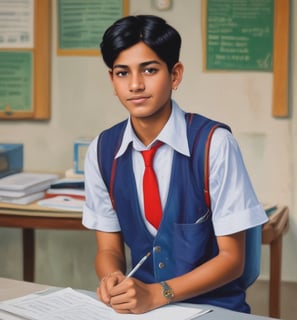 A group of children in school uniforms sit attentively in a classroom setting. The wooden desks and a chalkboard with writing in the background suggest a typical classroom environment. The children appear focused on someone or something outside the frame.