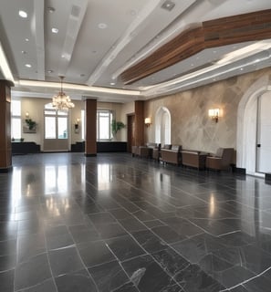 A complex arrangement of pipes, gauges, and valves typically found in a utility or maintenance room. The pipes are labeled for different water types, such as tempered water, domestic hot water, and domestic cold water. Several circular gauges display pressure readings, and there are multiple valves with yellow handles.