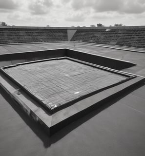 A modern building with a unique architectural design featuring a pattern of geometric brown panels and large windows. Several levels have small balconies. Two workers are suspended by ropes, performing maintenance or cleaning.