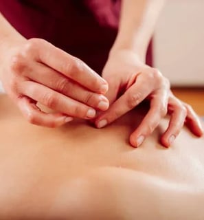 Profissional fazendo aplicação de agulha de acupuntura nas costas do paciente deitado