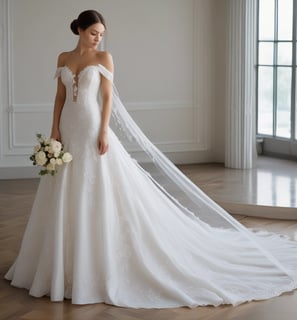 A rack filled with white bridal dresses, hanging neatly in a wooden-furnished room. There is a floor-to-ceiling mirror on the right side reflecting the dresses and part of the golden rod the gowns hang on.