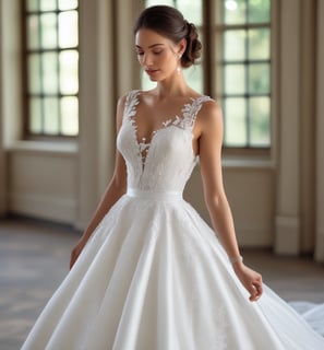 A row of white and cream-colored wedding dresses are hanging on a metal rack against a warm wooden backdrop. The floor is wooden, and the lighting is soft and warm, enhancing the elegance of the dresses.