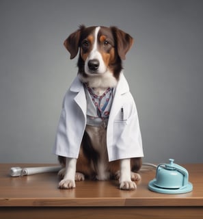 a dog sitting on a table with a doctor's coat on