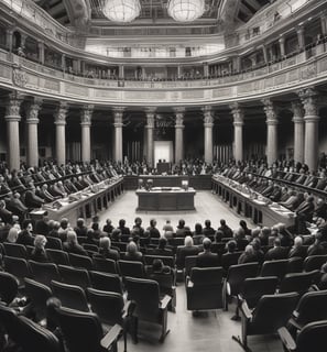 A person wearing glasses and a suit is speaking into a microphone while holding a gavel in one hand. Papers are scattered on the table in front of them, and a drum set is visible in the background.