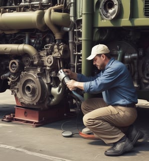 A mechanic wearing a red shirt and working gloves is crouched down, focusing on repairing a car part, likely a transmission. The scene takes place in a garage with multiple cars parked, including a maroon car in the center and a silver car on the right.