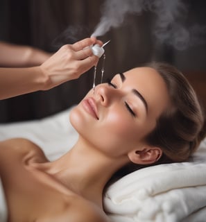 A person lies on a padded table with a gray top, having a beauty or acupuncture treatment. Another person in gloves is delicately performing the treatment, concentrating on the forehead area. The setting is calm, with a textured rug beneath the table and a soft pillow for comfort.