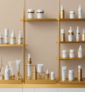 A collection of skincare products is displayed on a textured stone platform against a vibrant orange background. The items include two brown dropper bottles labeled 'Premium CBD Oil' and a white box labeled 'Acne Treatment CBD Cream.' Additional bottles and textured stones are arranged artistically around the platform.