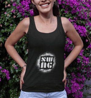 a woman in a tank top and shorts with a black tank top