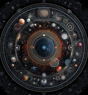 a circular object with a clock and planets