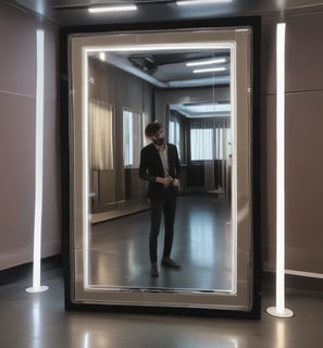 A person holding a camera in front of a mirror, capturing their reflection. The background features a dressing room with lights around the mirror and a closed door on the left.