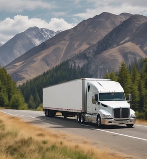 A semi-truck drives along a winding highway bordered by gently sloping, grassy hills under a partly cloudy sky. The road appears to be relatively empty with few other vehicles in sight.