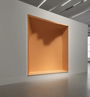 An art gallery with white walls displays three large, colorful paintings. A person wearing a white dress and neon green shoes stands in the middle of the room. The gallery has an industrial style ceiling with exposed wooden beams and spotlights.