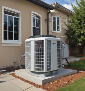 Numerous air conditioning units are densely packed on the exterior wall of a multi-story building. The image shows a very urban setting, with a grid-like arrangement of metal platforms supporting the units. Adjacent to this setup is a zigzagging metal staircase, leading to various floors of the building. The overall appearance is industrial and cluttered.