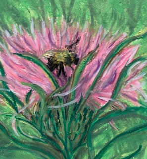 oil pastel drawing of a bee on a pink and purple thistle flower with a green grass background