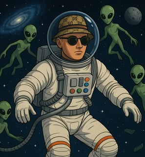 Futuristische Cartoon Illustration von Hustensaft Jüngling der im Jahr 2025 schwerelos im Weltall schwebt mit Sonnenbrille mo