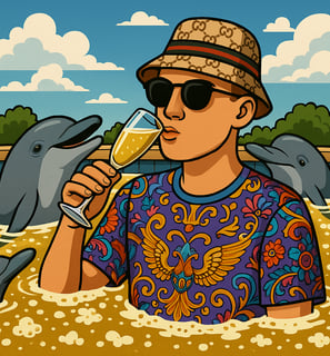 Hustensaft Jüngling, auch bekannt als Ole Finsterbusch, in ikonischem Outfit mit Sonnenbrille und Bucket Hat, inszeniert als