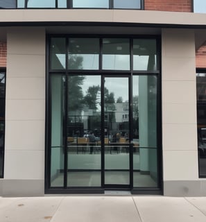 A tall, narrow glass window with a textured surface that distorts the light passing through. The glass pattern seems to be grid-like, creating a mosaic effect. The predominantly dark surroundings make the illuminated window stand out more, giving a mysterious vibe.