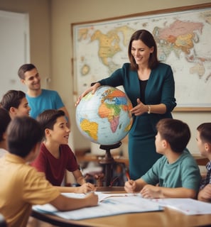 a teacher teaching children around a globe in a classroom