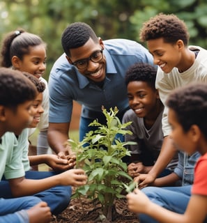 a teacher and group of students are outside looking at a plant