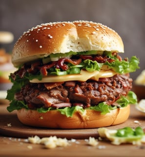 A close-up view of freshly baked burger buns with shiny, golden-brown crusts. Some of the buns are topped with black sesame seeds, while others have white sesame seeds. They are arranged on a dark baking tray, with a textured beige surface underneath.