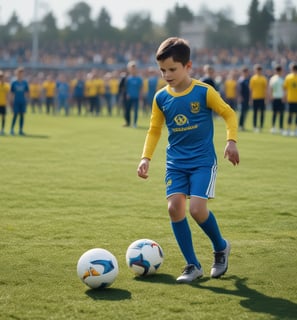 A young boy is playing soccer on a grassy field, dressed in a blue soccer uniform. He is in mid-kick, focused on the yellow and black soccer ball in front of him. Several other children wearing soccer uniforms are in the background, some standing and some playing. Adults are also present, possibly supervising the activity. There is a mix of bright and shadowed areas in the setting.