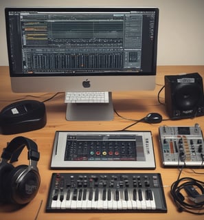 A music production studio setup featuring two computer monitors displaying a digital audio workstation, a laptop with an animated image on the screen, two studio speakers on stands, a MIDI keyboard, and other audio equipment on a curved desk.
