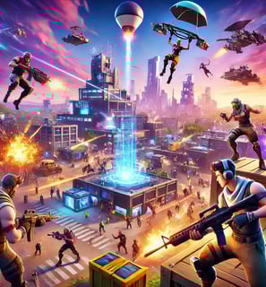 Fortnite battle scene with multiple players engaging in combat in a vibrant open-world environment.