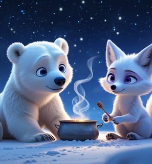 A polar bear and a fox are cooking fish stew in a snowy mountain.