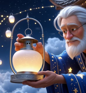 An old man known as The Lantern Keeper is sending a glowing lantern from high above the clouds.