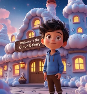 A little boy standing in front of the Cloud Bakery on top of fluffy clouds.
