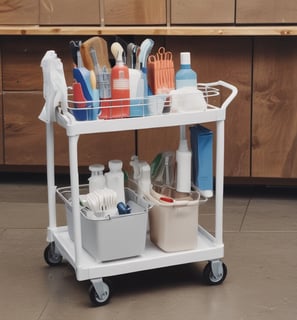 A set of cleaning products is arranged on a light-colored marble surface. The items include two metal spray bottles, a small glass bottle with a liquid, a natural bristle brush, and a cloth with dark stripes. Sunlight filters through leaves, casting dappled shadows on the surface.