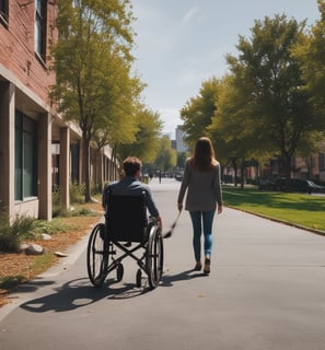 An older adult dressed in orange walks beside a person in a wheelchair on a rural road. The road is lined with trees and buildings. Other people are seen riding motorcycles further ahead.