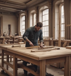A craftsman meticulously works on a large clay sculpture of a deity inside a dimly lit workshop. The sculpture has intricate details, including flowing hair and a serene facial expression. Wooden scaffolding surrounds the scene, and the craftsman uses a cloth to smooth the surface.