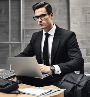 A man wearing a black suit, white shirt, and a red paisley tie is holding a stack of money. He is also wearing black gloves and dark sunglasses. A cigar is clenched between his teeth.