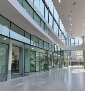 A person is cleaning a glass surface on a modern building using a squeegee. They stand on a narrow ledge with a safety harness attached. Another person is on an escalator inside the building, partially visible through the glass.