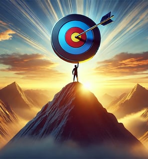 Man standing on a mountain with blazing sun holding a target above his head with arrow in bullseye