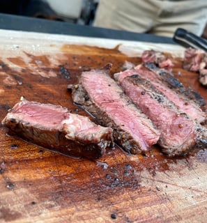 strip steak sliced and served rare