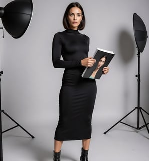 Vivienne in black turtleneck, reviewing photos in softly lit studio.