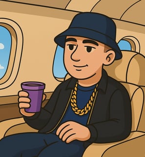 ustensaft Jüngling im Inneren eines luxuriösen Privatjets. Die Figur sitzt entspannt, trägt exklusive Designer-Kleidung und g