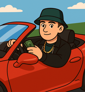Hustensaft Jüngling in einem roten Luxus-Sportwagen (Rarri). Die Figur trägt auffällige Designer-Kleidung, wirkt entspannt un