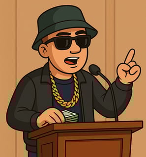 ustensaft Jüngling beim Halten einer Rede. Die Figur steht auf einer Bühne oder vor einem Podium, trägt elegante Designer-Kle