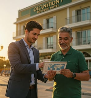 Consultor y dueño de hotel revisando métricas en tablet frente a hotel boutique mediterráneo al atardecer.