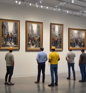A modern gallery space featuring various art pieces on display. A large video screen shows a close-up image of an older man with a worn expression, wearing a hat and a blue shirt. Two people are in the gallery, one person standing and looking at their phone while another is walking with hands in pockets. Photographs are hung on the wall in the background, depicting outdoor scenes.