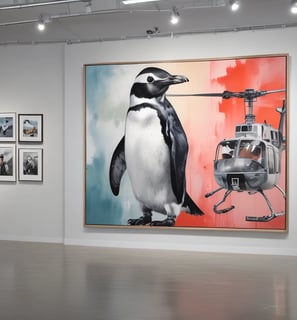 A large Penguin and a helicopter do penguin-helicopter painting stuff.