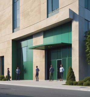 A modern office building with large glass windows. In front of the building, there is a green sign with a plug symbol and the letters 'EY'. Surrounding the area are neatly trimmed bushes.