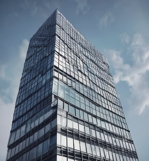A modern high-rise building with a sleek glass facade and curved architecture against a clear blue sky. The structure features a prominent logo with the letters 'EY' on one of its sections.